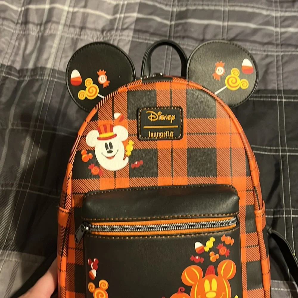 Loungefly Orange and Black Plaid Halloween Mickey Mini Backpack